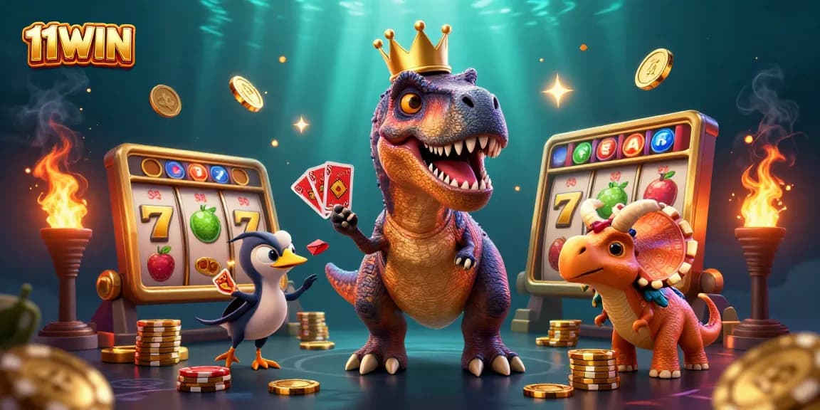 Engage in thrilling slots experiences at 11WIN with this vibrant cartoon scene featuring a friendly T-Rex and colorful casino elements.