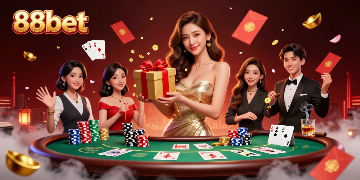 Celebrate wins with 88bet in a vibrant casino scene featuring golden coins and poker elements.