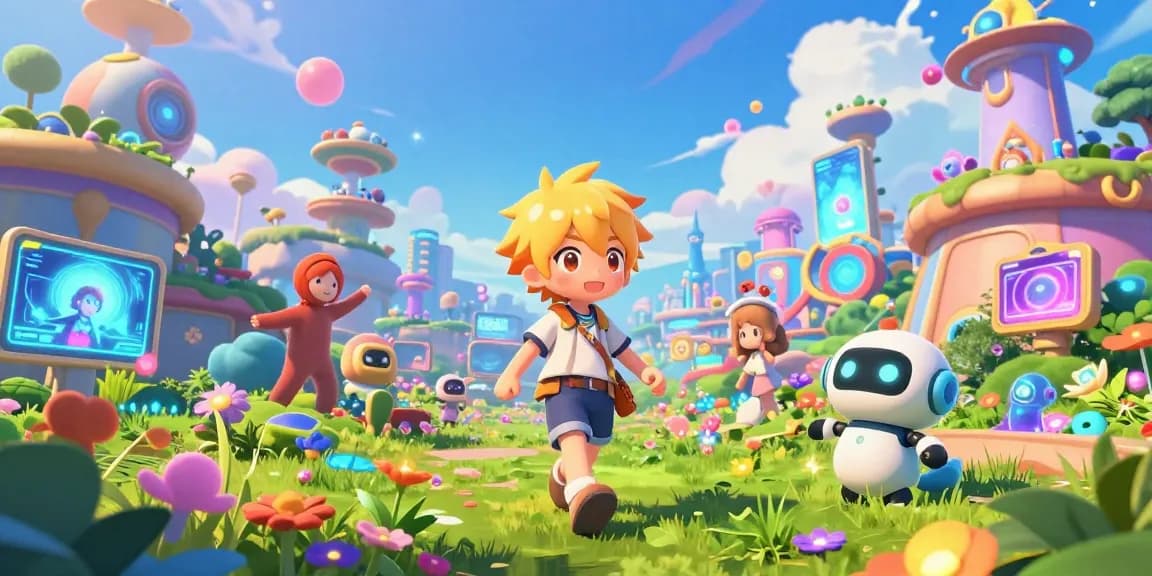 AI ecchi characters in a vibrant digital world exploring playful landscapes and engaging in creative activities.