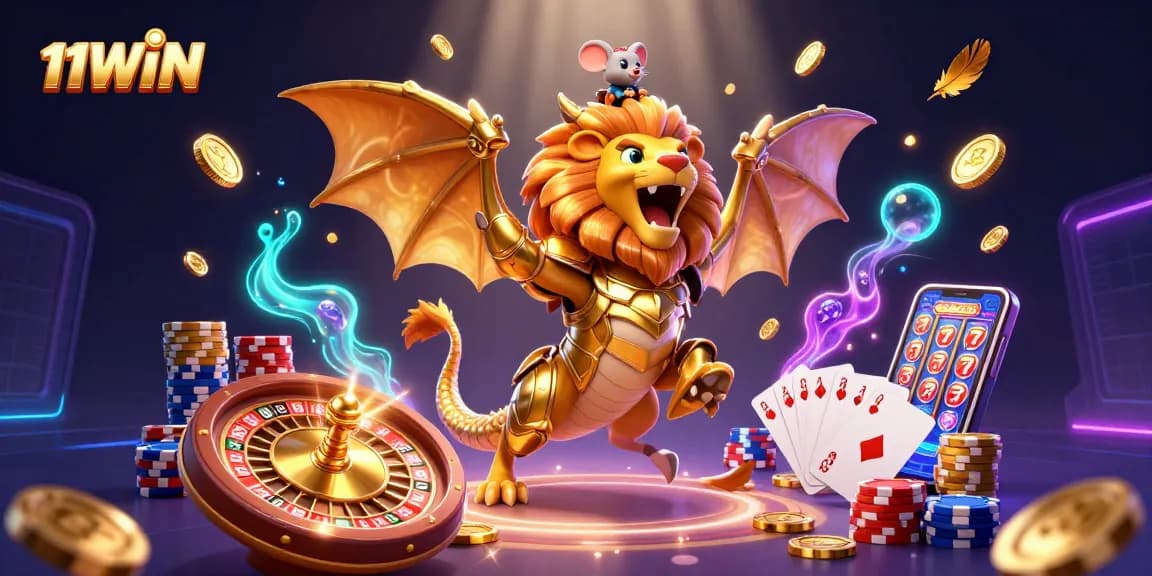 Experience thrilling wins at 11WIN with animated cheers and casino excitement in a dazzling illustration.