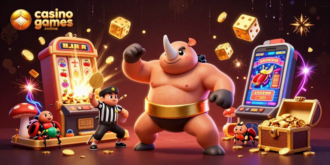Experience casino games online with a lively 3D scene of beetle champions and slot machines.