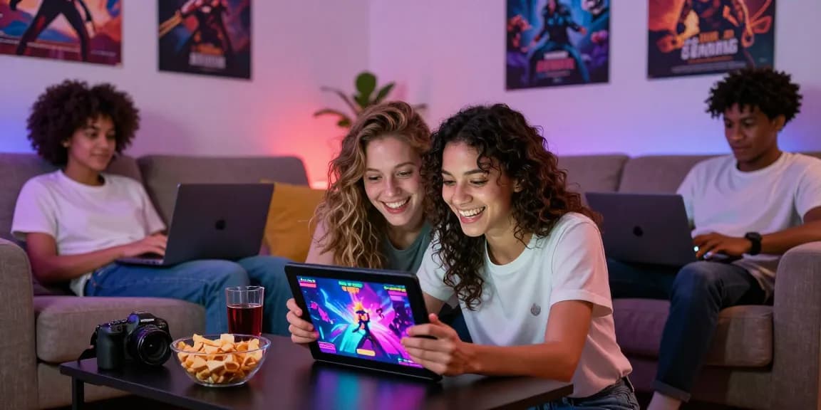 Group of friends playing sex games online, enjoying intimate moments with engaging graphics and cozy atmosphere.