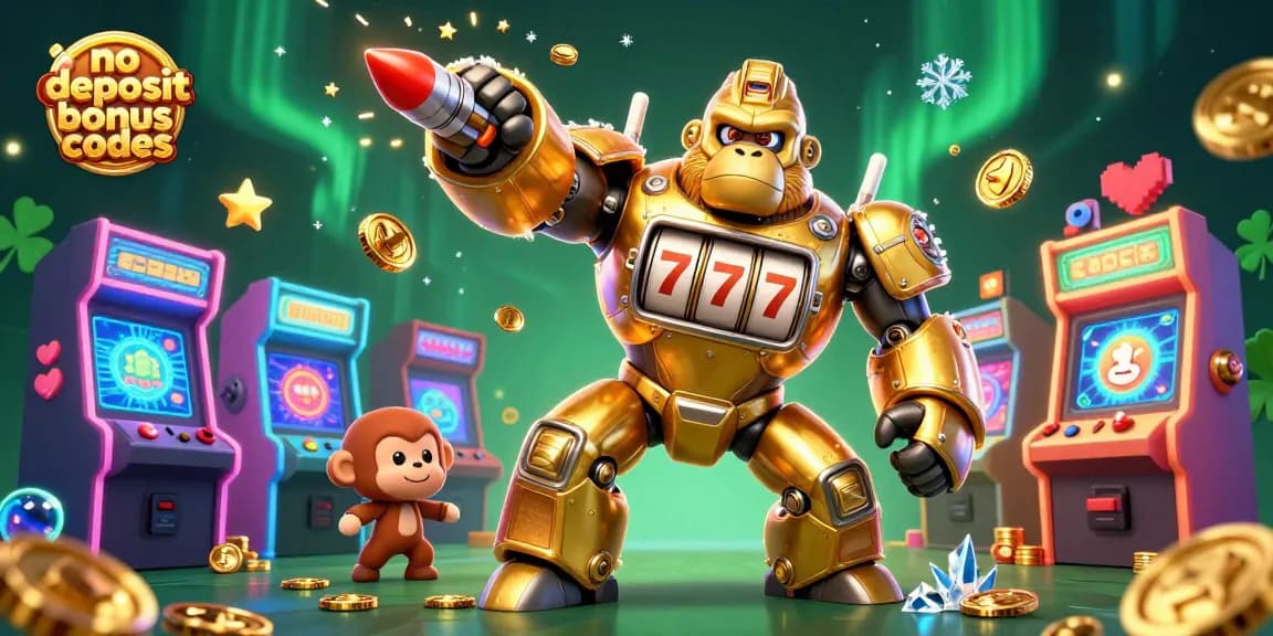 Experience thrilling no deposit bonus codes in this dynamic 3D gaming illustration with vibrant casino elements.