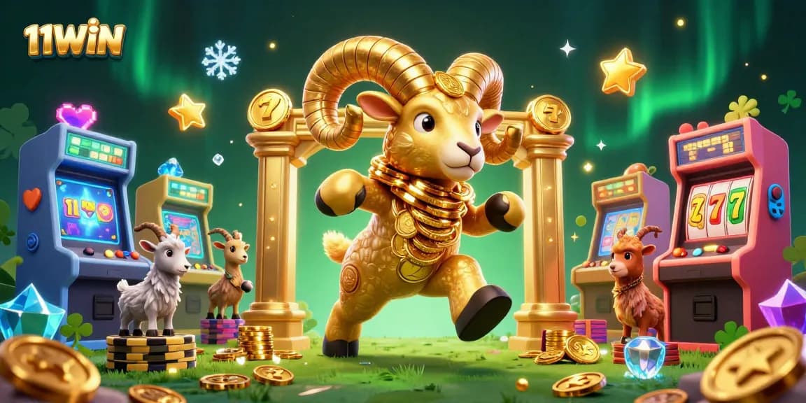 Play thrilling slots with 11WIN's massive golden ram symbolizing luck and fortune.