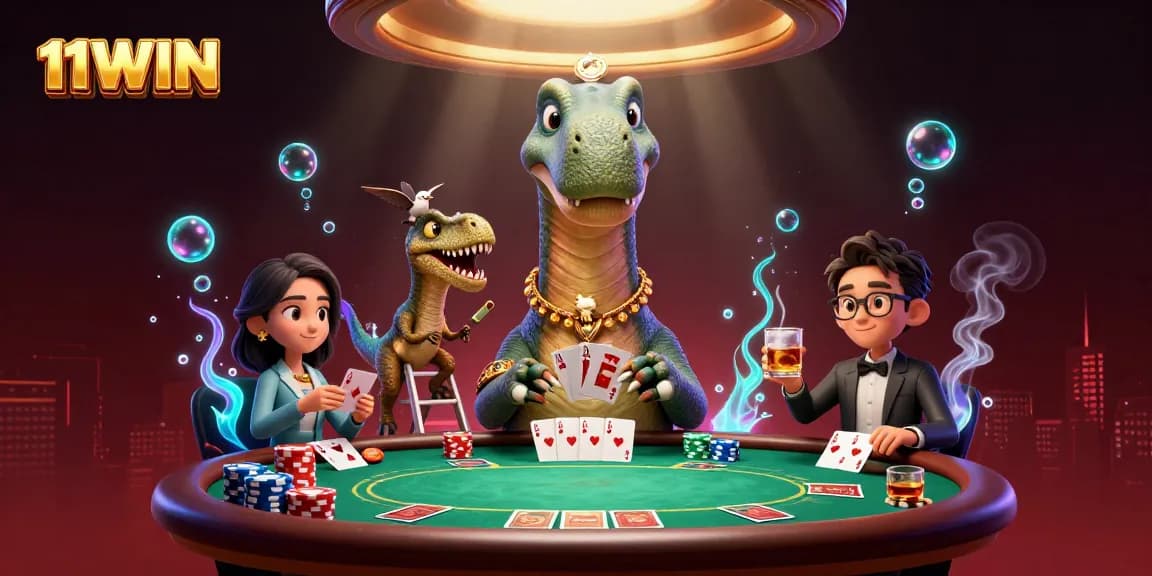 Experience the fun of 11WIN with a playful casino scene featuring a brontosaurus and a raptor.