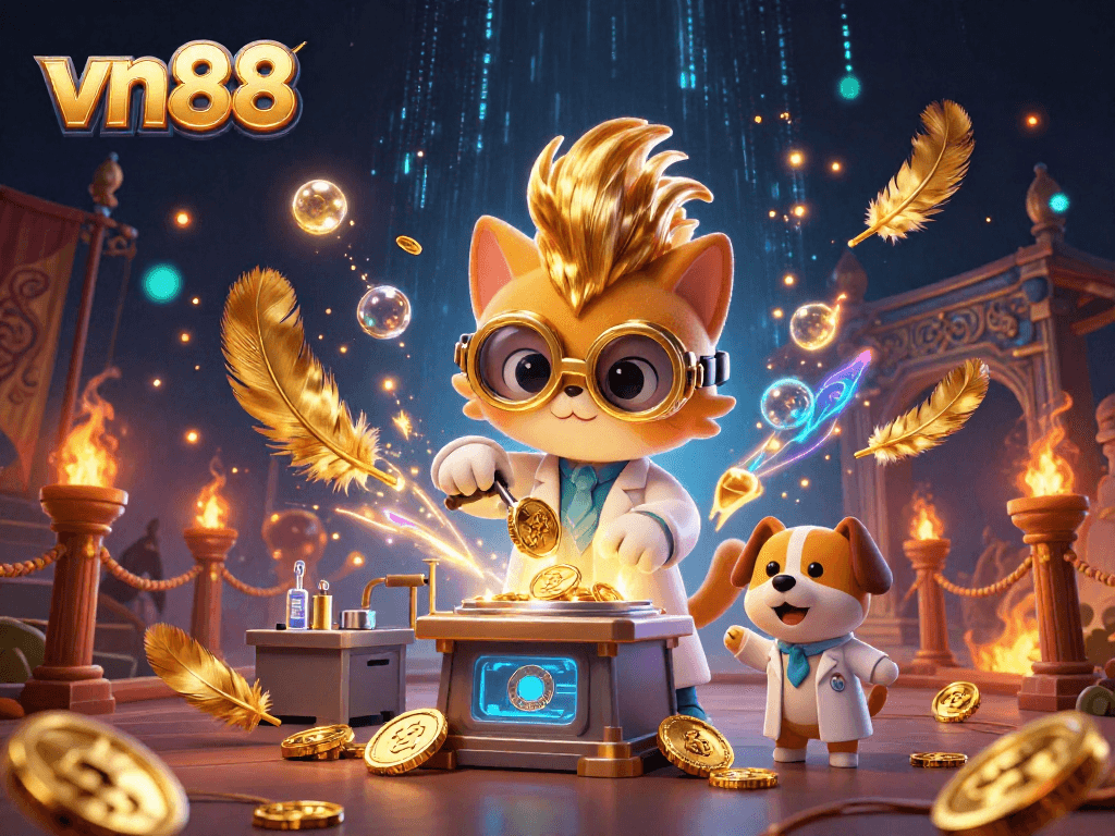Join the excitement at vn88 with this dynamic casino-themed illustration featuring a mad scientist cat and dog!
