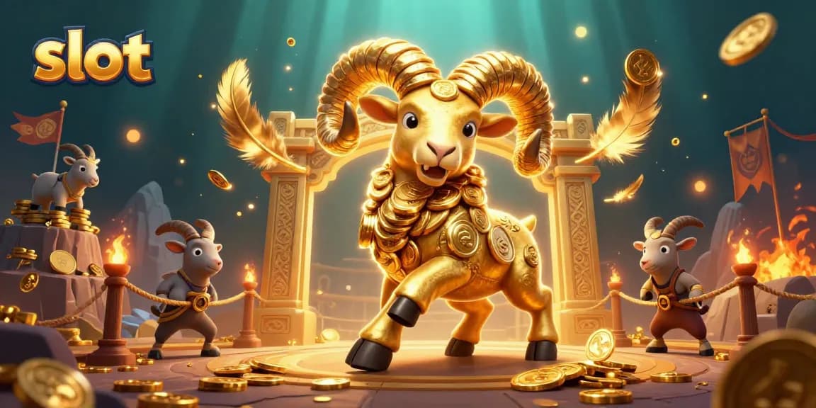 Spin the slot with massive golden ram amidst vibrant casino elements.