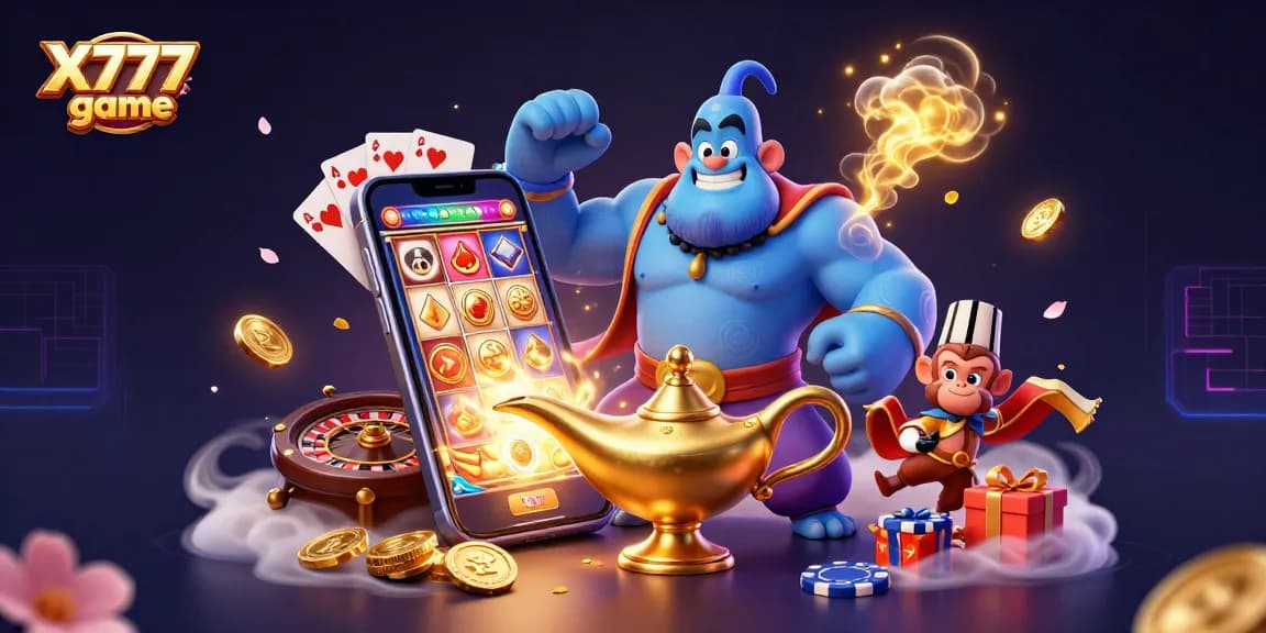 Experience the X777 game with a genie and monkey in a vibrant casino scene with poker chips and spinning reels.