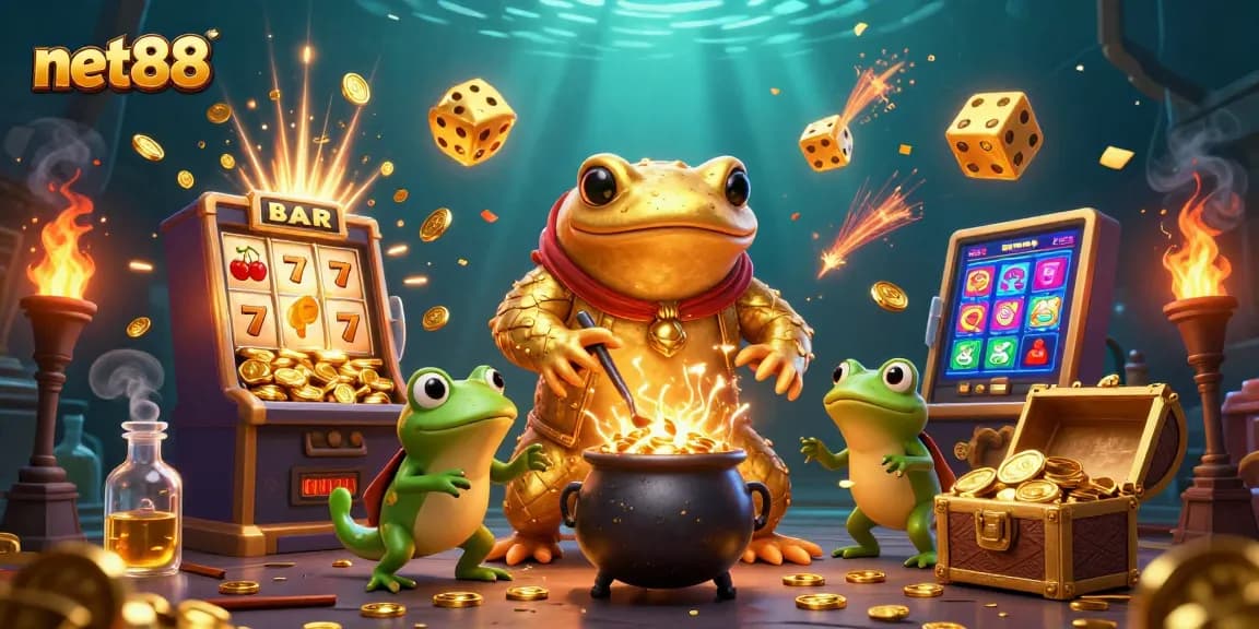 Win exciting jackpots at net88 with a magical casino scene full of gold and gaming elements.