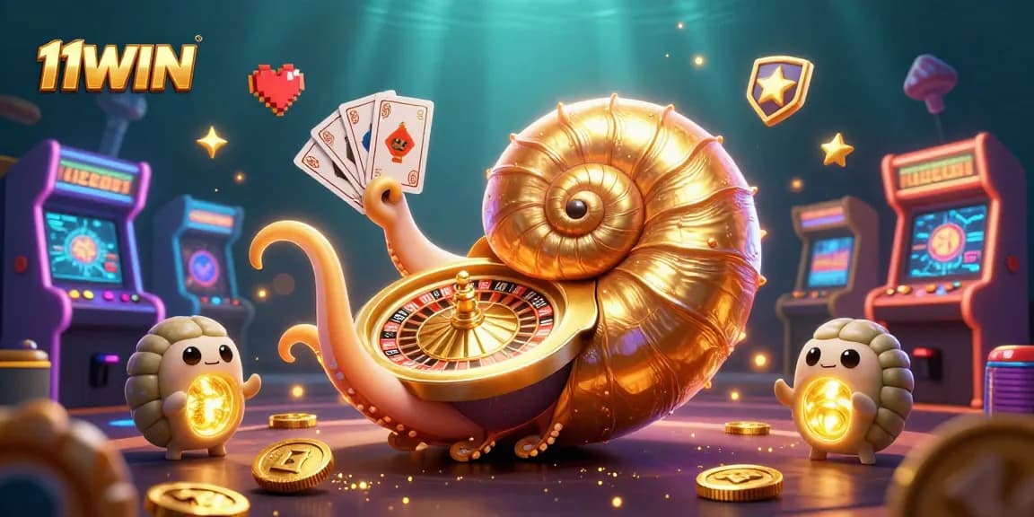 Engage with 11WIN's vibrant casino adventure through a 3D illustration showcasing dynamic gaming elements.