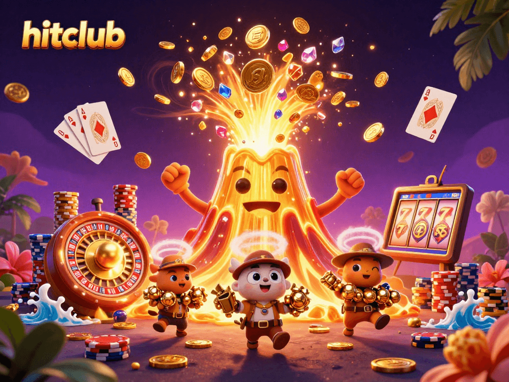 hitclub showcases a vibrant casino scene of a golden volcano erupting coins, depicting thrilling gameplay.