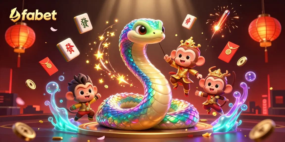 Join fabet in a vibrant online casino world with a magical rainbow serpent and intense gaming action.