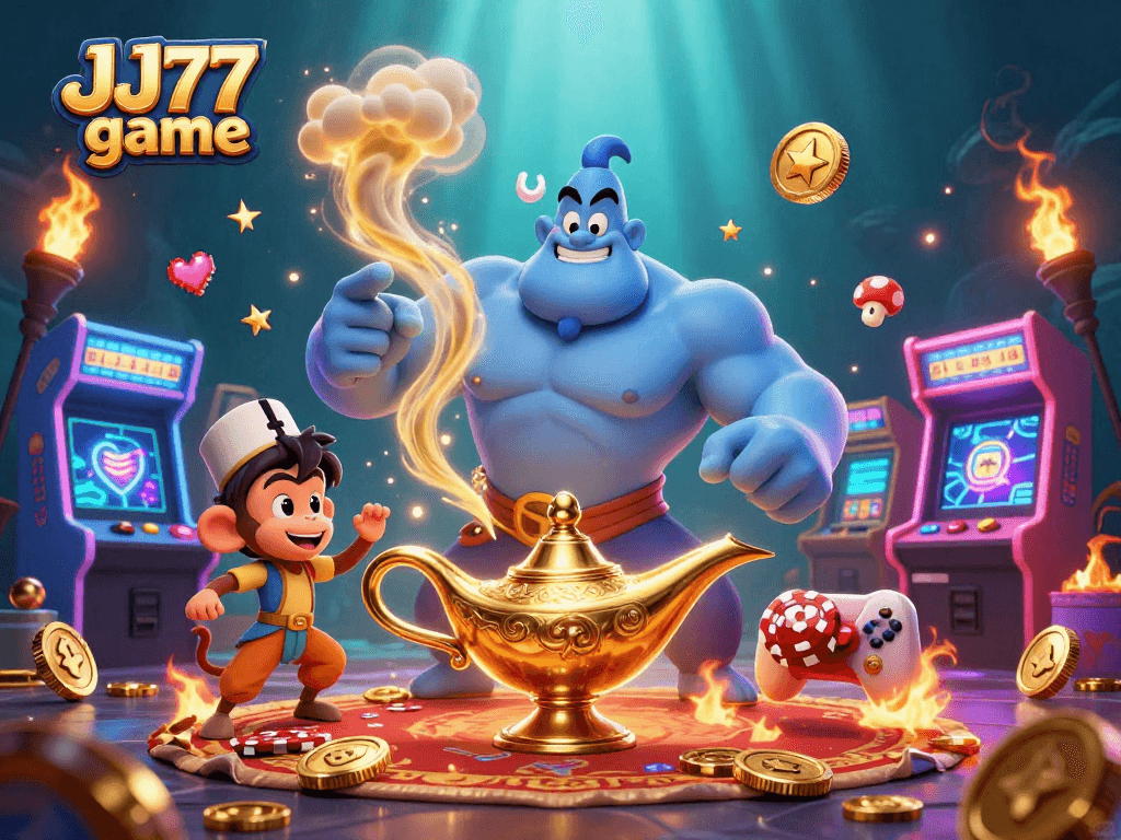 Engage with the JJ77 game as a genie unleashes winning potential in a vibrant casino scene.
