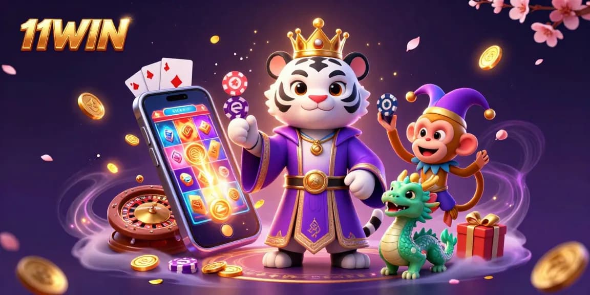 Engage with the vibrant 11WIN casino scene featuring a playful white tiger, monkey, and dragon amidst dazzling game elements.