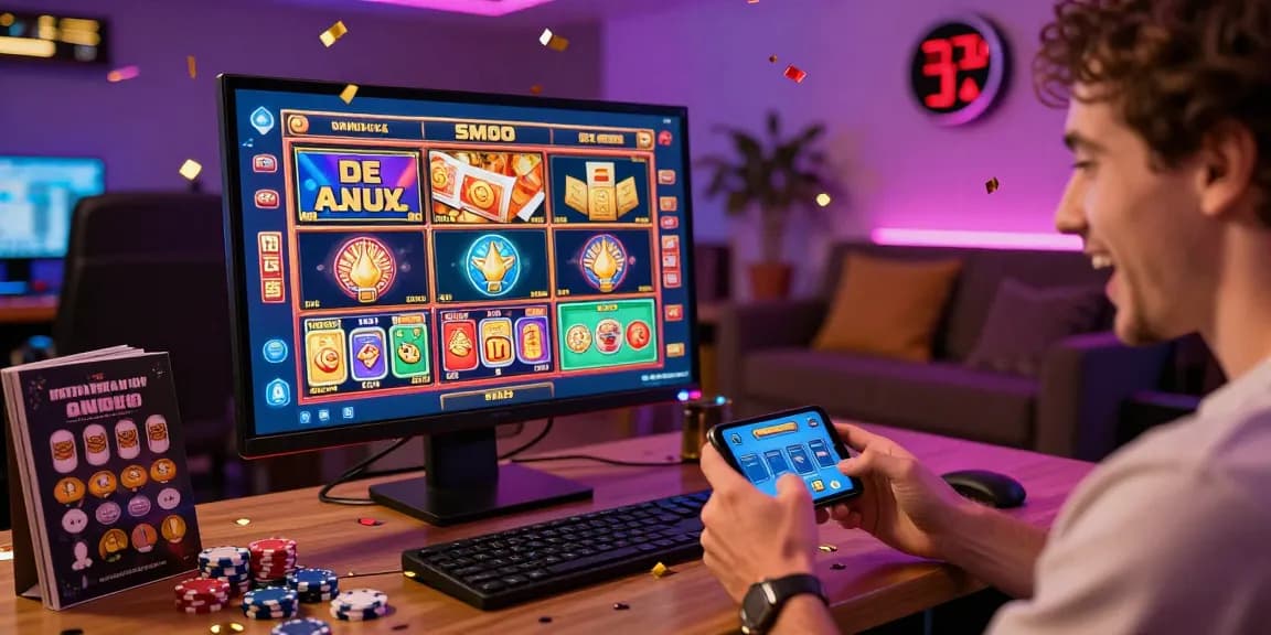 Permainan slot online dengan komputer dan smartphone, suasana seru di kasino virtual.