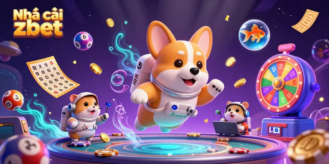 Experience exciting games at Nhà cái zbet with vivid visuals of floating crypto and lottery elements.