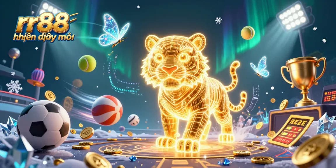 Experience rr88 hiện đang mở with a vibrant illustrated casino scene featuring dynamic sports betting elements and a golden tiger.