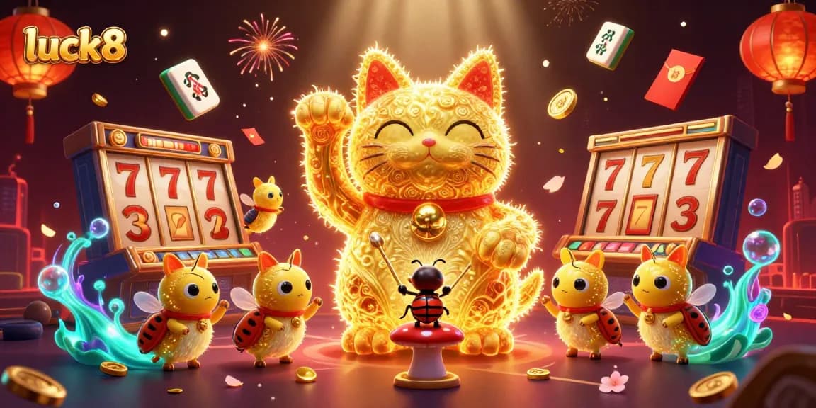 Experience luck8 with vibrant casino elements and a giant lucky cat surrounded by dynamic gaming visuals.