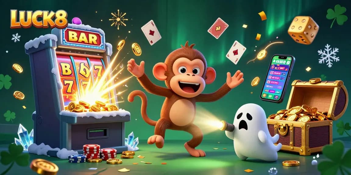 LUCK8 offers a dynamic casino experience with vibrant characters and gaming elements in a haunted setting.
