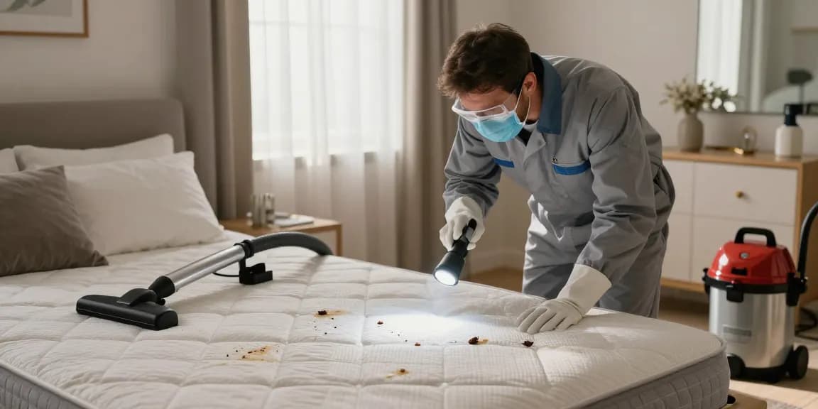 Expert conducting bed bug pest control inspection in a cozy bedroom, showcasing tools and signs of infestation.