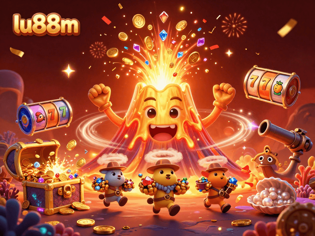 Experience the excitement of lu88m with a vibrant casino-themed illustration featuring treasures and festive elements.