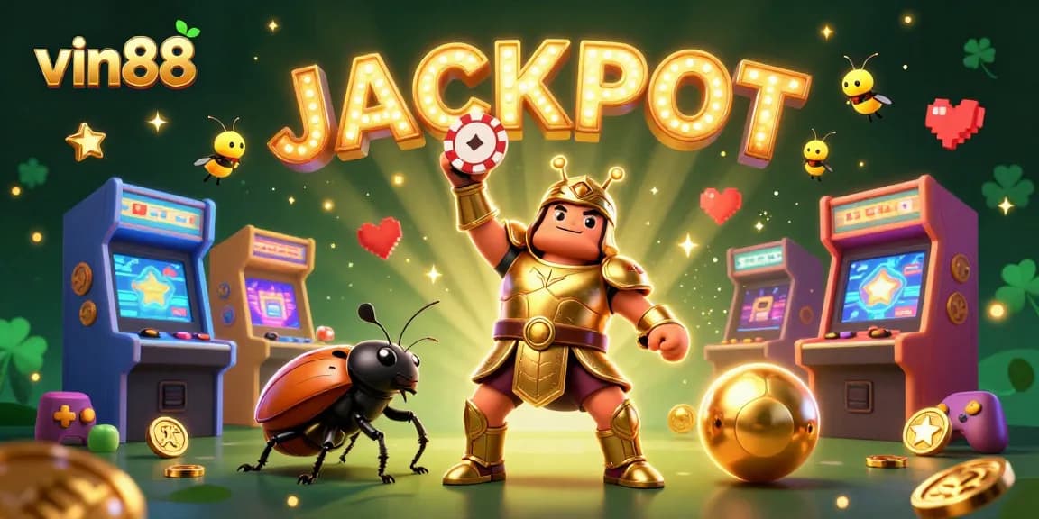 Experience the thrill of vin88 with a victorious 3D beetle character lifting a poker chip