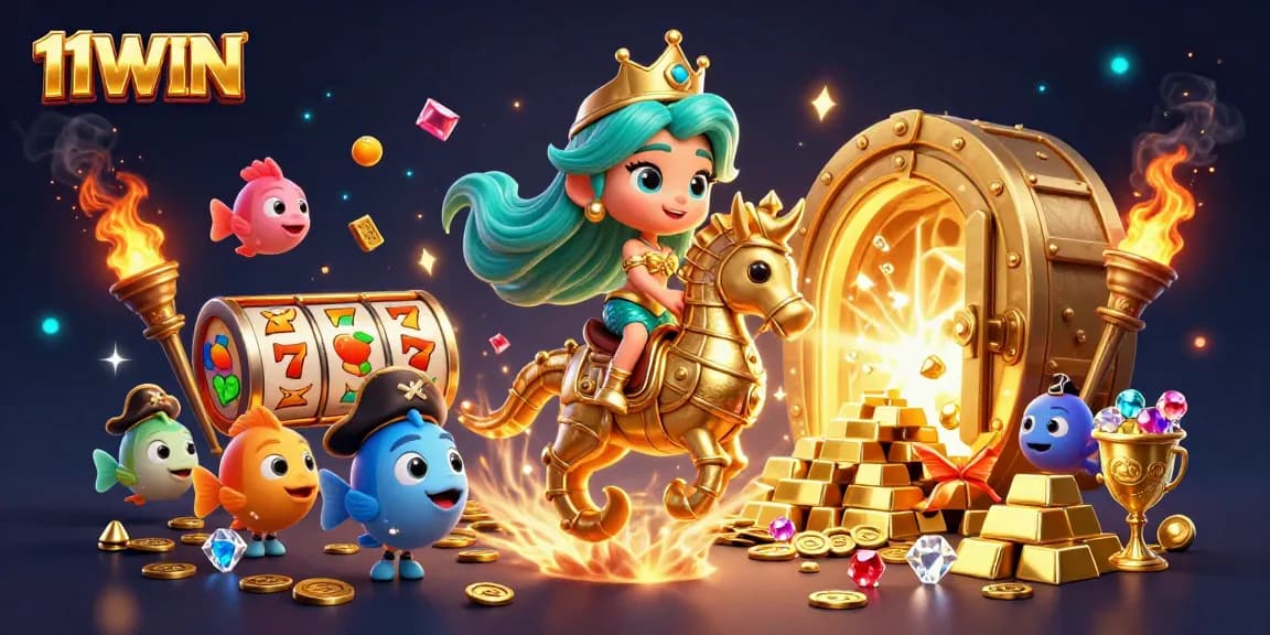 Engage in thrilling slots with 11WIN, featuring a mermaid princess and treasure elements in a vibrant casino world.