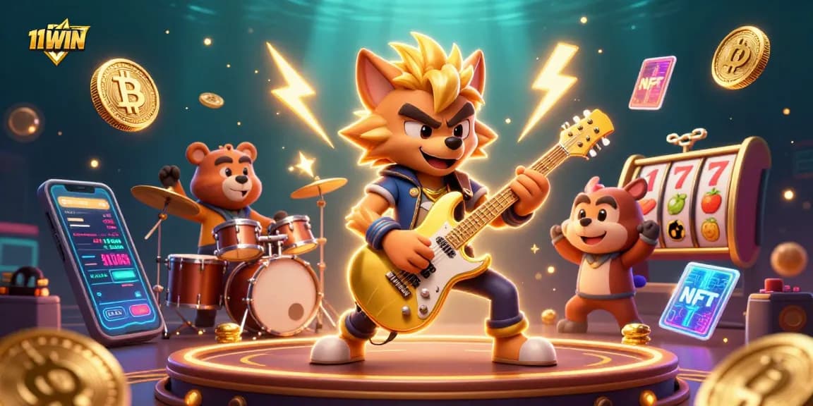 Engage in thrilling action with 11WIN as a cartoon wolf rocks on stage, amidst vibrant casino elements.
