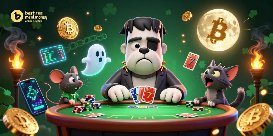 Engage with the vibrant scene showcasing the best real money online casinos australia through characters playing poker amidst crypto elements and golden visuals.
