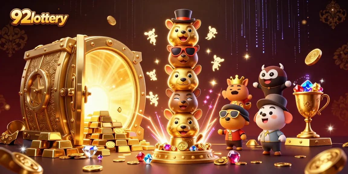 Engage with 92lottery's vibrant 3D illustration showcasing a golden totem pole amid treasures, enhancing your casino experience.