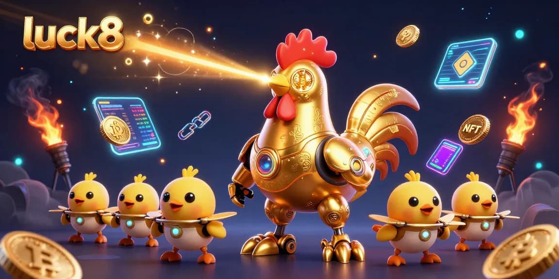 Experience luck8's thrilling gameplay with a golden rooster robot amidst vibrant crypto elements.