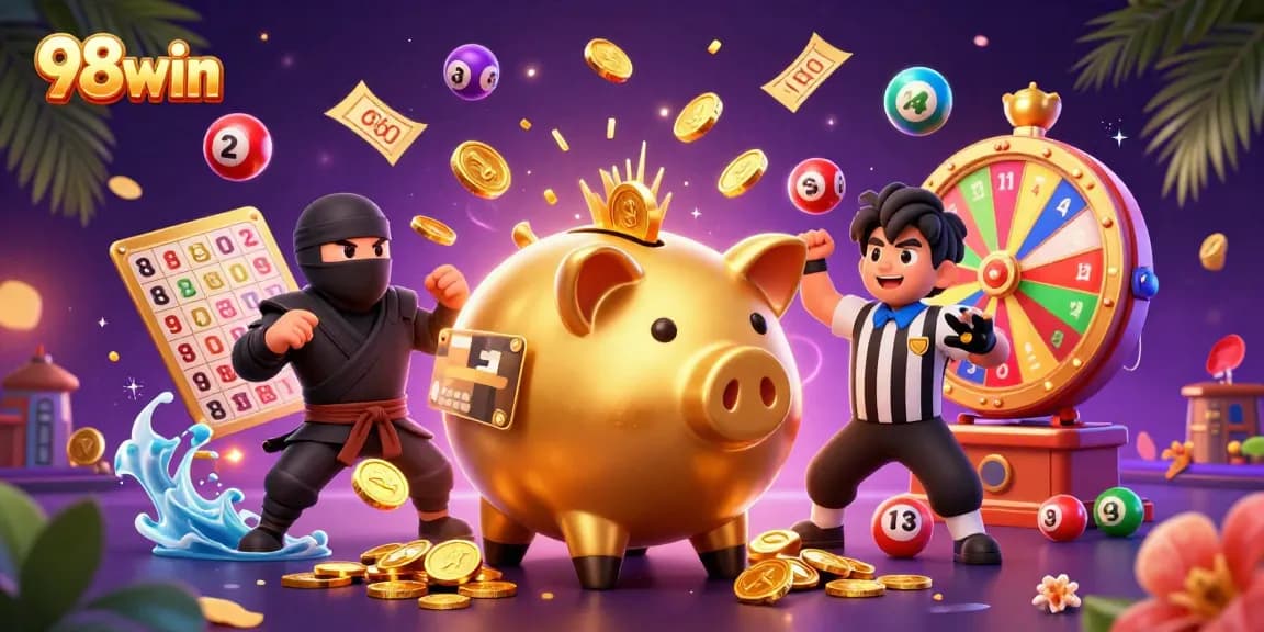 Experience the vibrant energy of 98win's casino world with dynamic characters and game elements.