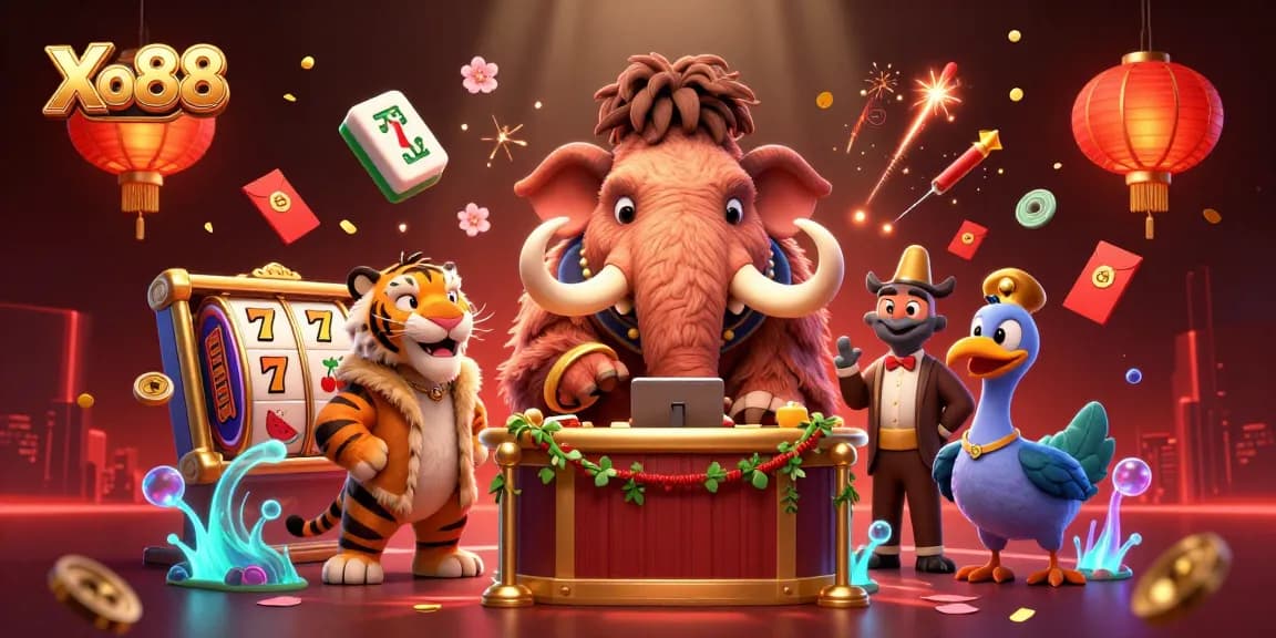 Xo88 unveils exciting gaming scenes with a woolly mammoth bouncer at the casino entrance.