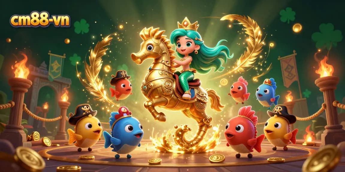 Join the magical world of cm88-vn with a mermaid princess, golden seahorse, and vibrant gambling elements.