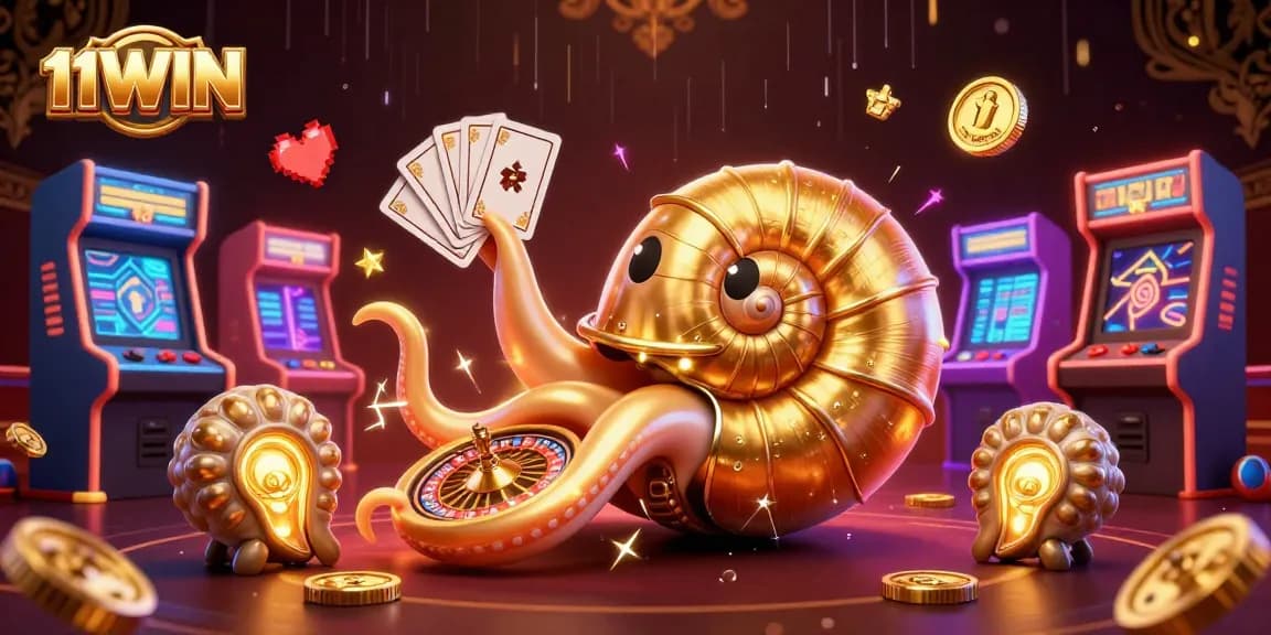 Experience the thrill of 11WIN with a vibrant casino illustration featuring a giant nautilus and glowing game elements.