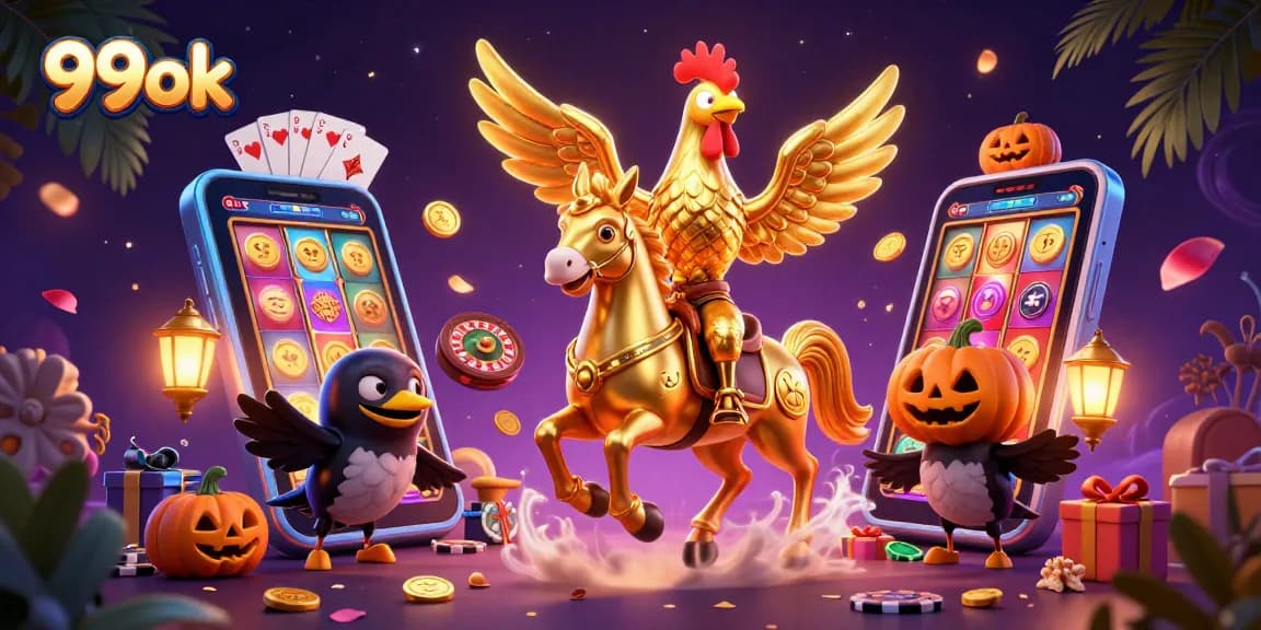 Experience thrilling gaming with 99ok's vibrant casino scene featuring festive characters and dynamic gameplay.