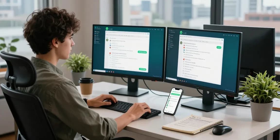 Stay connected with WhatsApp電腦版 on a modern workspace setup with dual monitors.