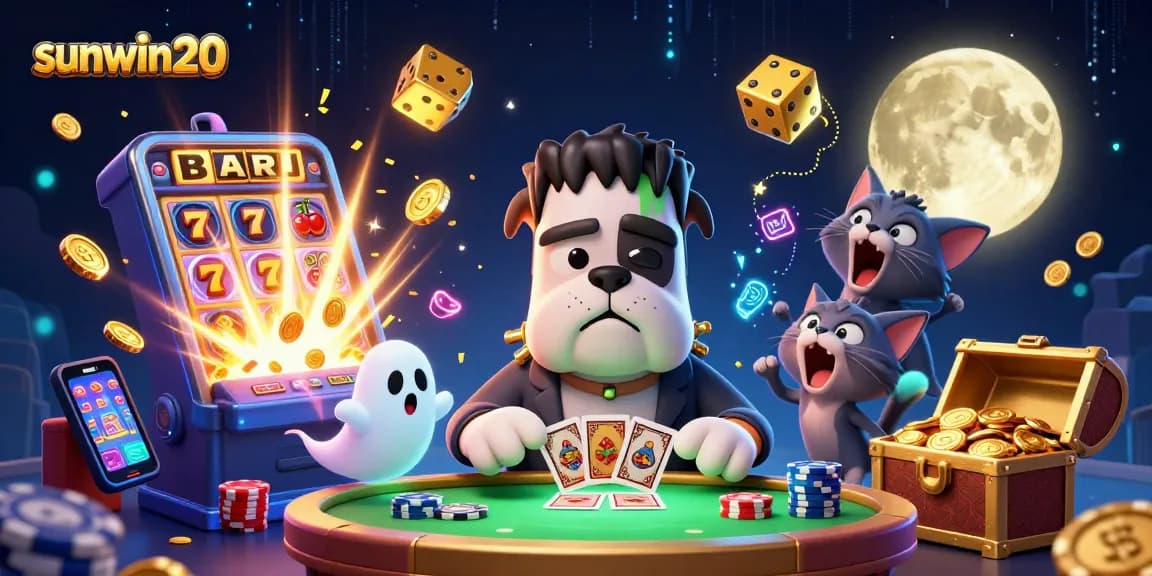 Engage in thrilling gameplay with sunwin20, featuring a lively 3D illustration of casino excitement.