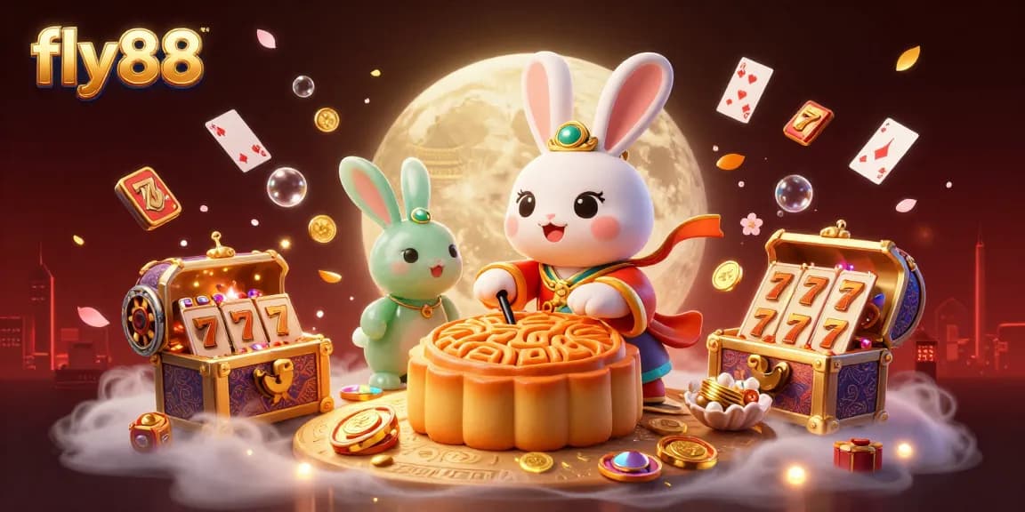 Experience gaming excitement at fly88 with a magical moon rabbit scene filled with poker and casino elements.
