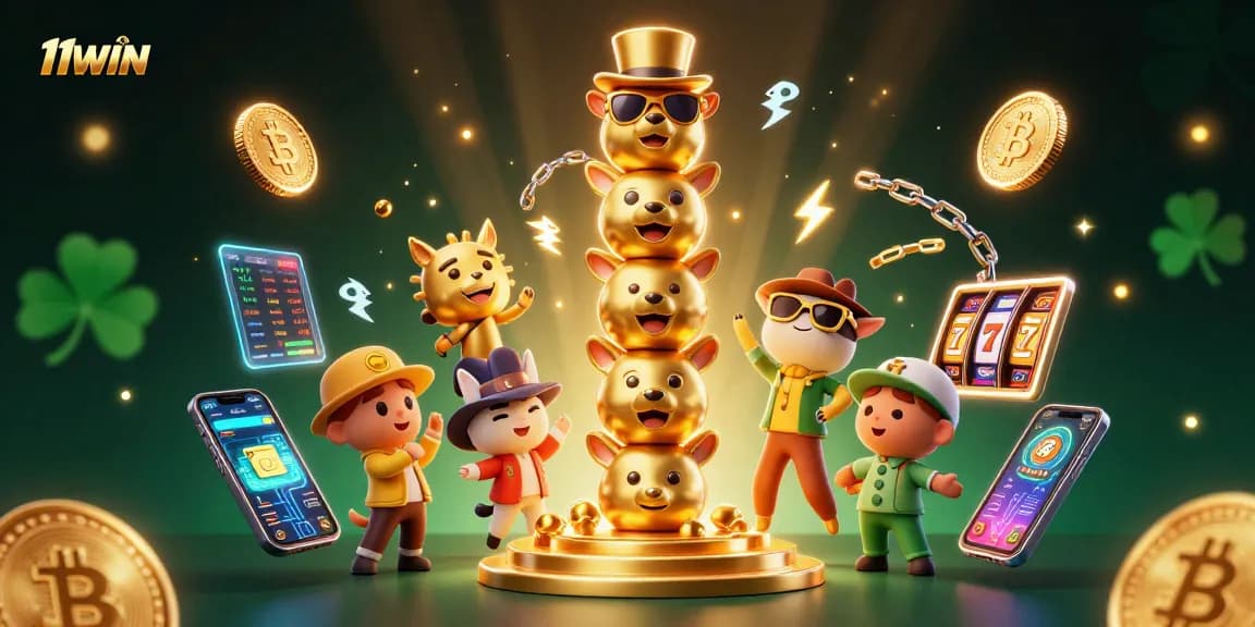 Play at 11WIN with vibrant 3D illustration featuring a golden totem and cryptocurrencies.