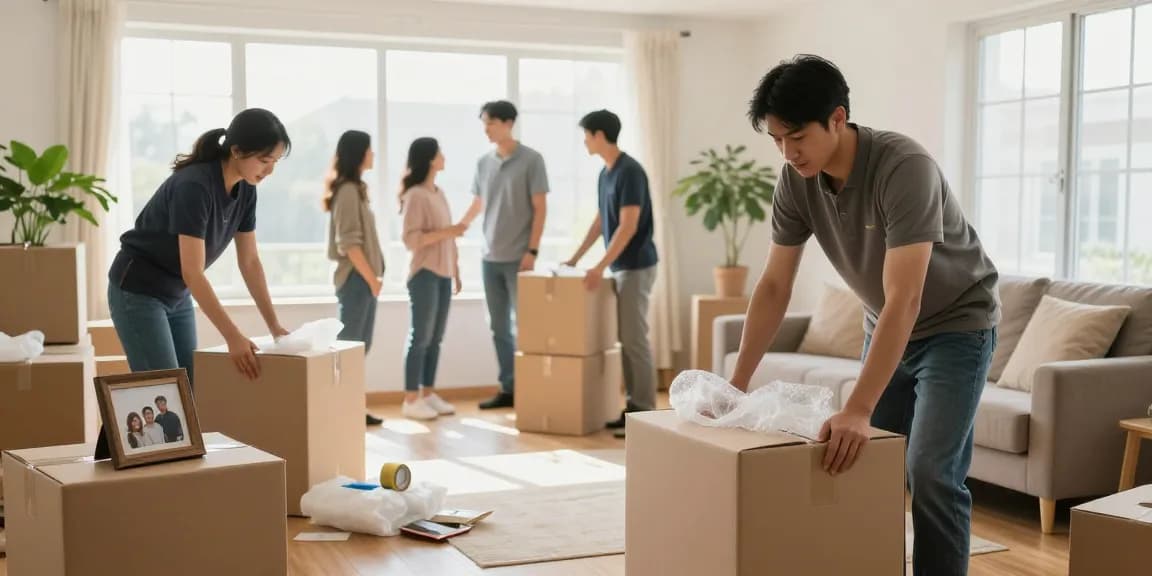 Moving Company professionals packing a family's belongings in a bright living room.