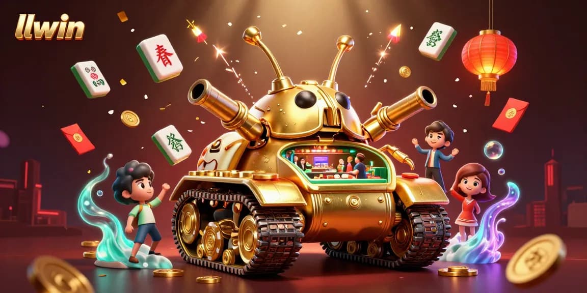 llwin casino scene featuring a golden tank with a casino inside, surrounded by festive decorations and game elements