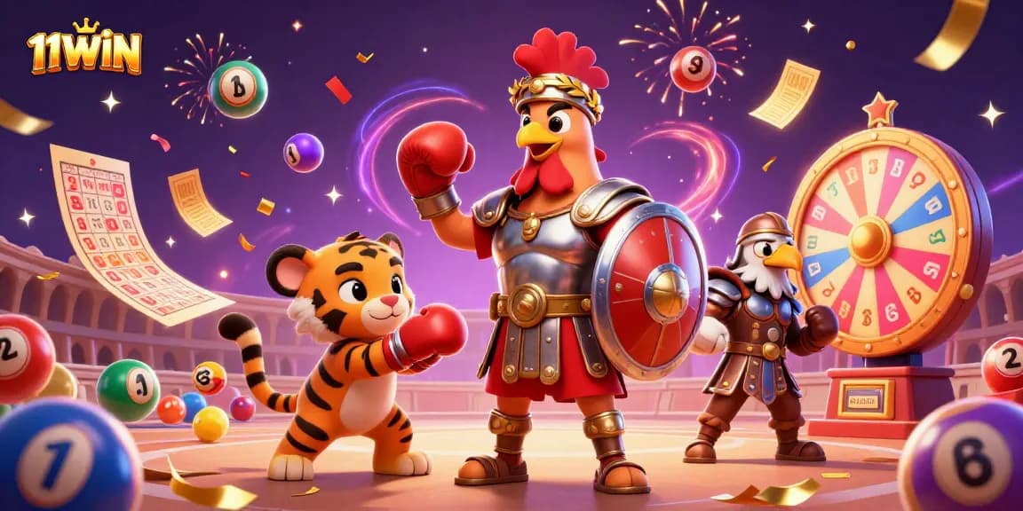 11WIN showcases a vibrant 3D scene of a rooster, tiger cub, and eagle in an entertaining lottery arena.
