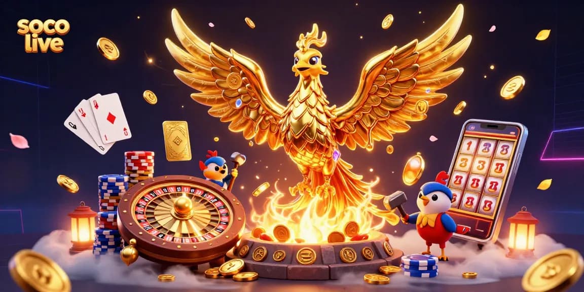 Experience soco live action with a golden phoenix, coins, and vibrant casino elements.