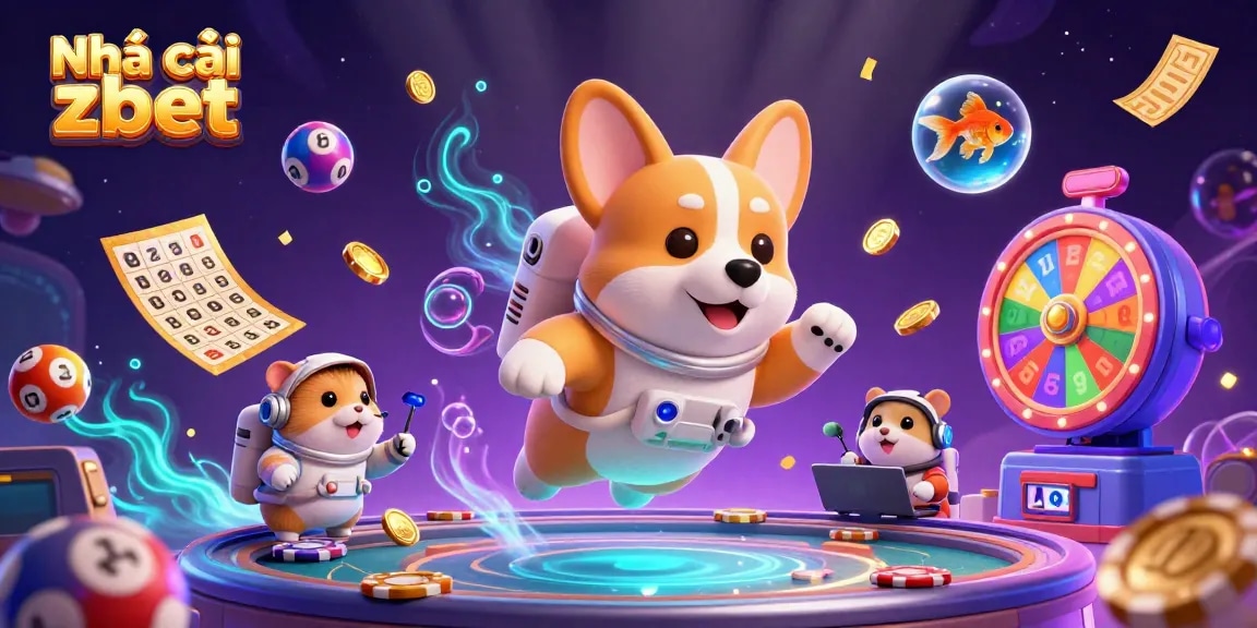 Experience exciting games at Nhà cái zbet with vivid visuals of floating crypto and lottery elements.