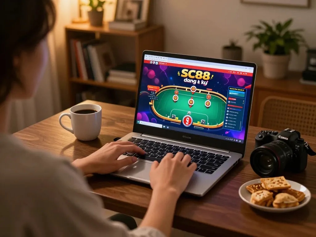 Engaging online gaming scene showcasing SC88 đăng ký on a laptop, highlighting cozy atmosphere and strategic play.
