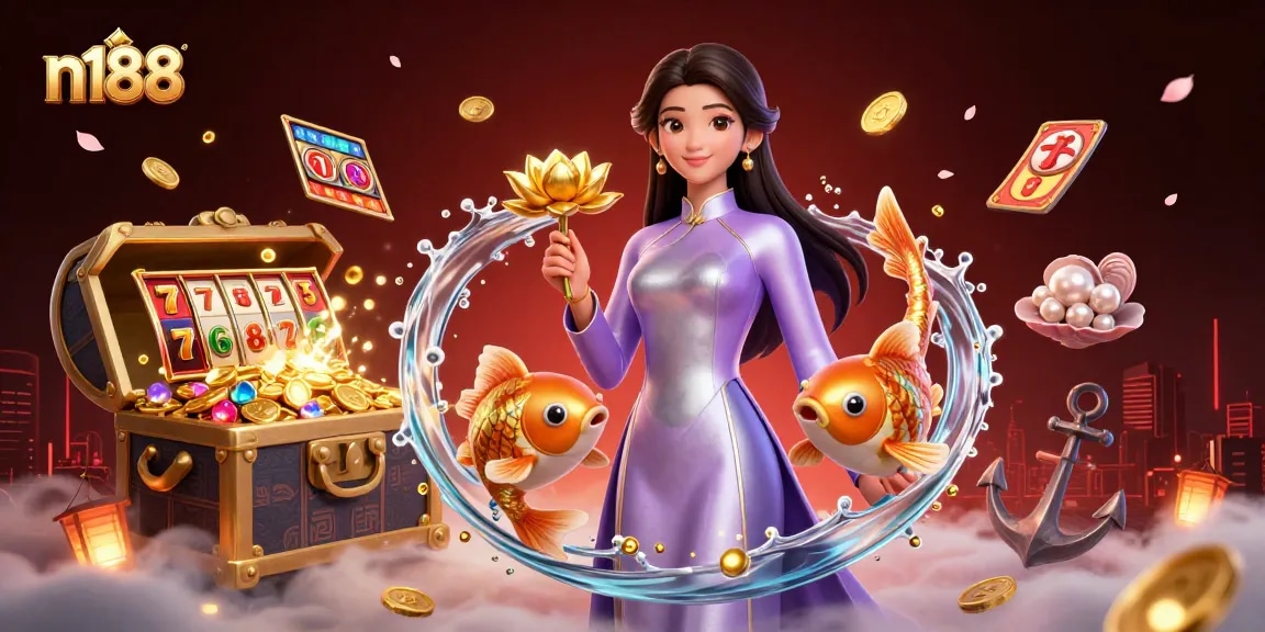 Engage in thrilling gameplay with n188, featuring a mesmerizing Asian woman in a vibrant casino scene.