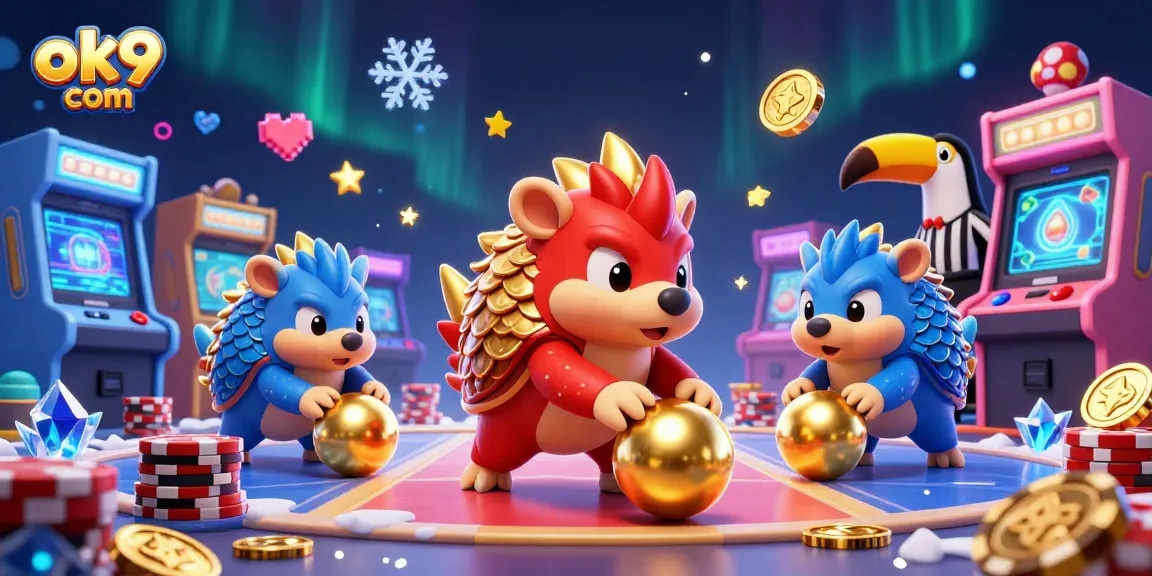 Engage with thrilling casino adventures at ok9 com, where pangolins compete amidst colorful game machines.