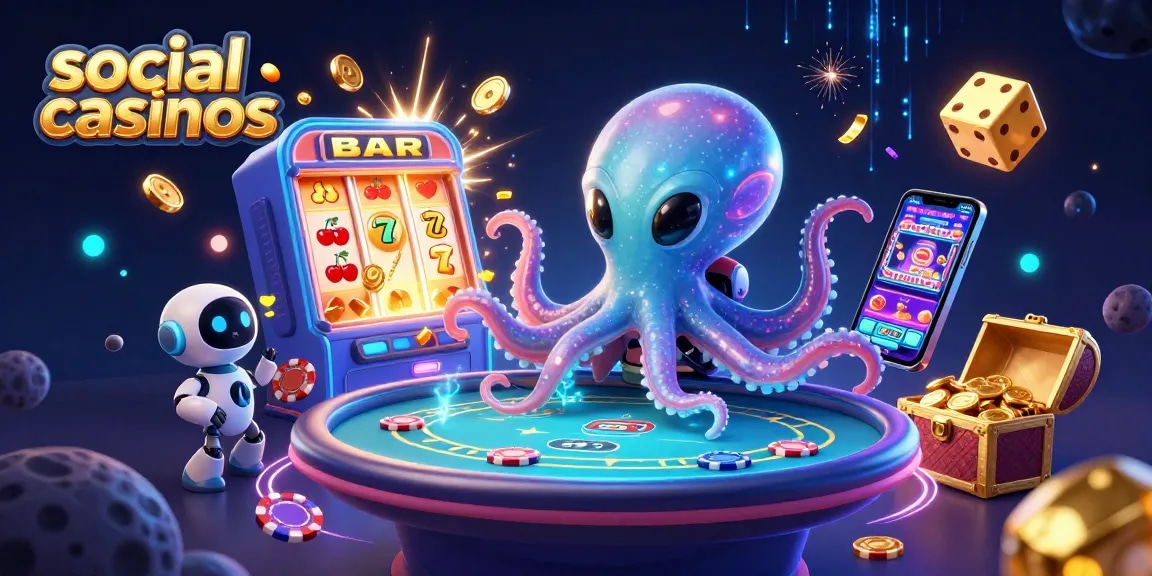 Experience vibrant gameplay in social casinos with an alien octopus at a holographic poker table.