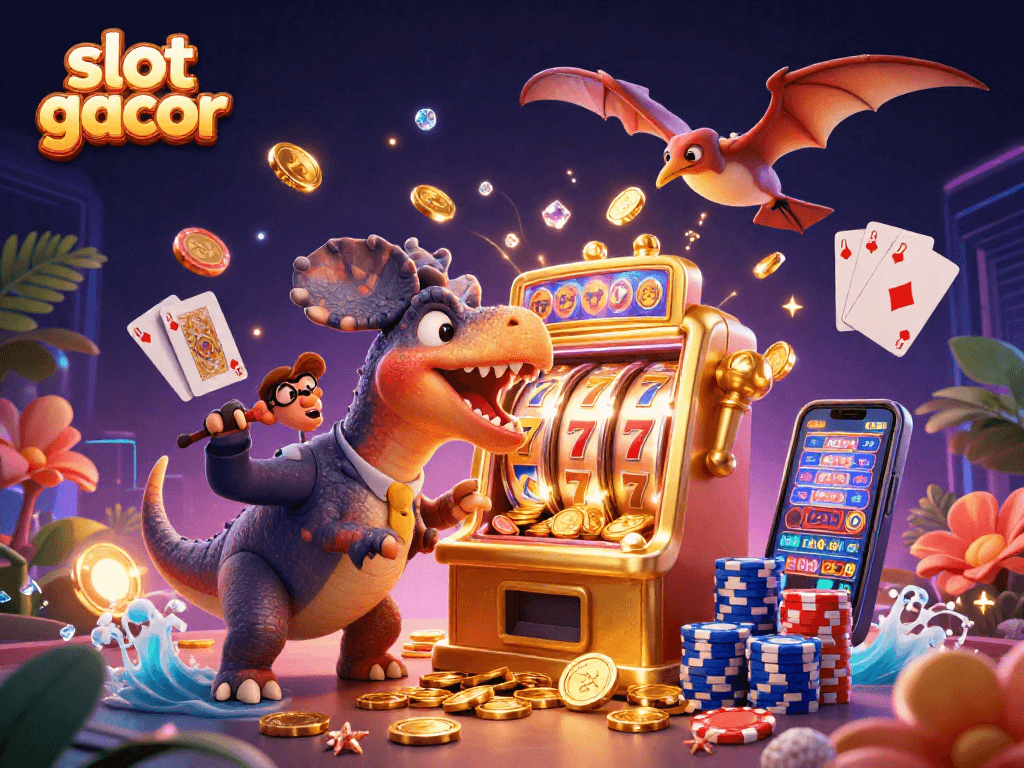Engage with slot gacor as the pachycephalosaurus wins from a golden slot machine, amidst flying coins and vibrant casino elements.